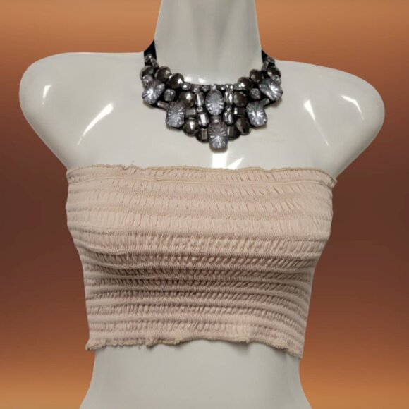 SEXY Beige Crop Top Strapless Tube Top Smocked Stretchy Summer Bandeau. - Picture 9 of 9